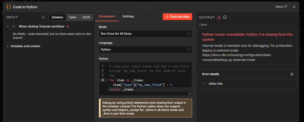 n8n - Python runner unavailable: Python 3 is missing from this system